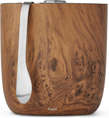 Stainless Steel Ice Bucket with Tongs - Holds 68Oz of Ice - Teakwood - Triple-La