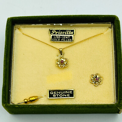 Priscilla Gold Filled Necklace & Stick Pin - Floral Design NOS