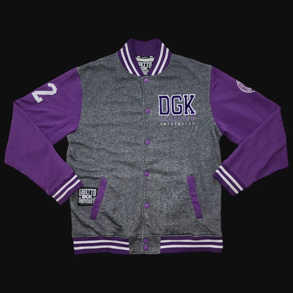 Chaqueta DGK Ghetto University para hombre XL Letterman Varsity púrpura gris parches 02 Foto 2 de 4