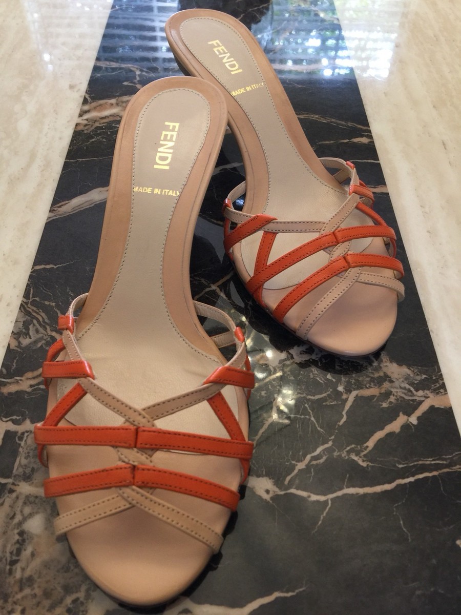 FENDI Leather and Metal Slide Sandals Mules Size 36.5 Orange Beige