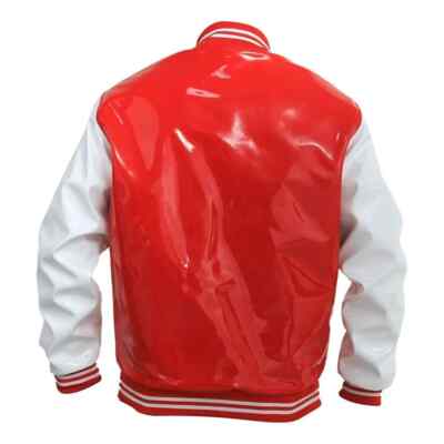 Men's Letterman Varsity Bomber Red White Sleeves Vinyl PVC Leather Jacket