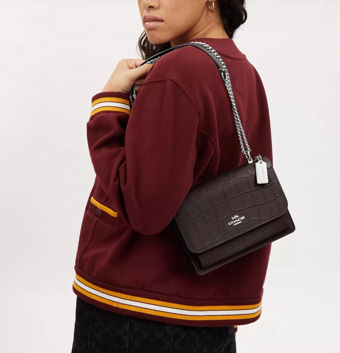 ?Tracolla Coach nuova con etichette catena in pelle trasparente in argento ametista prezzo di listino $450