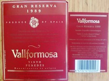 etiquetas vinos ESPAÑA  VALLFORMOSA GRAN RESERVA 1989 Tinto Penedes wine labels