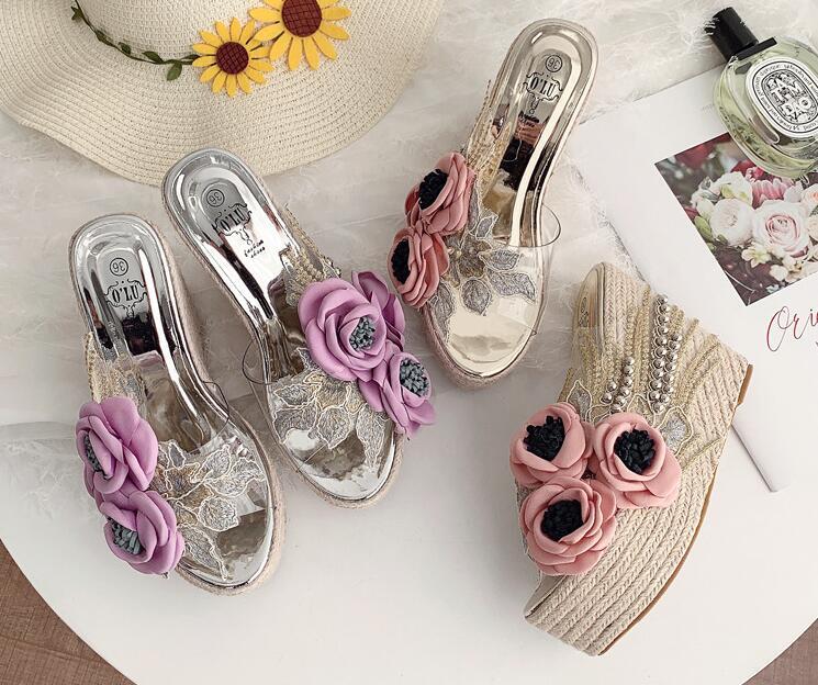 PANTOFOLA D’ORO Pantofole donna nuove alla moda estive punta aperta fiori zeppa tacchi alti scarpe da spiaggia