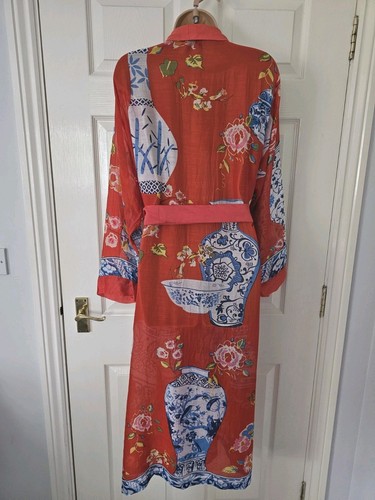 One Hundred Stars Kimono Blue Red Vase Print One Size Modal Cupro With Belt - Picture 9 of 14