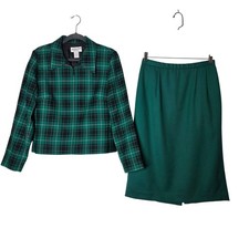 Pendleton Vintage Wool Skirt Suit Set Size 10 Green Plaid Jacket Midi Skirt USA