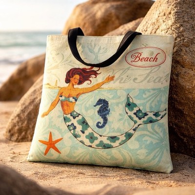 Women s Canvas Tote Bag Mermaid Print On Both Sides, Beach, Travel, Shopping