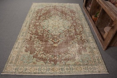 5,2x8,2 ft Turkish Large Rug, Brown Green Vintage Bordered Wool Rug