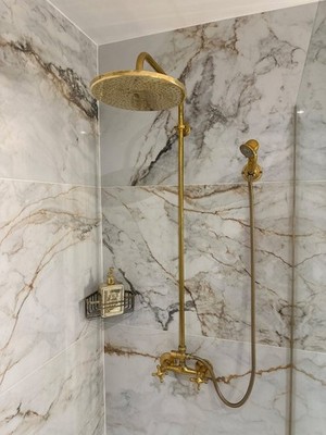 Antique Brass Exposed Pipe Shower System, Unlacquered Brass Shower System with B