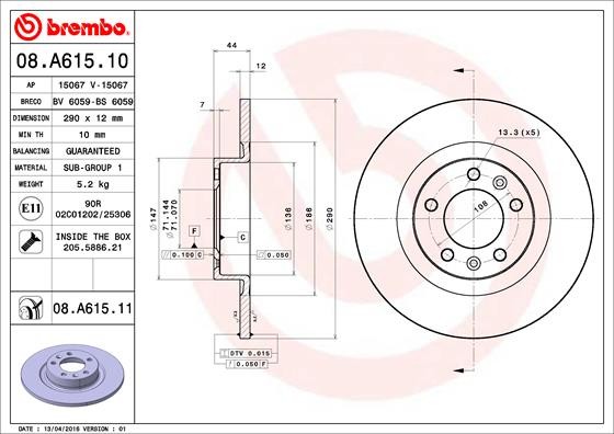 Disque de frein Brembo 08.A615.11 haute précision en fonte grise Peugeot