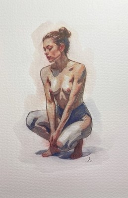 Original Watercolor Painting Nude Female  Portrait Book Page  (5.5 × 8.5 inches)