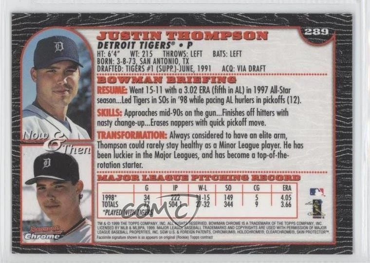 1999 Bowman Chrome Gold Foil Signature Justin Thompson #289 - Image 2 of 2