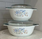 Vintage Pyrex England Blue Iris Casseroles w/ Lids  Made In England Set Of 2
