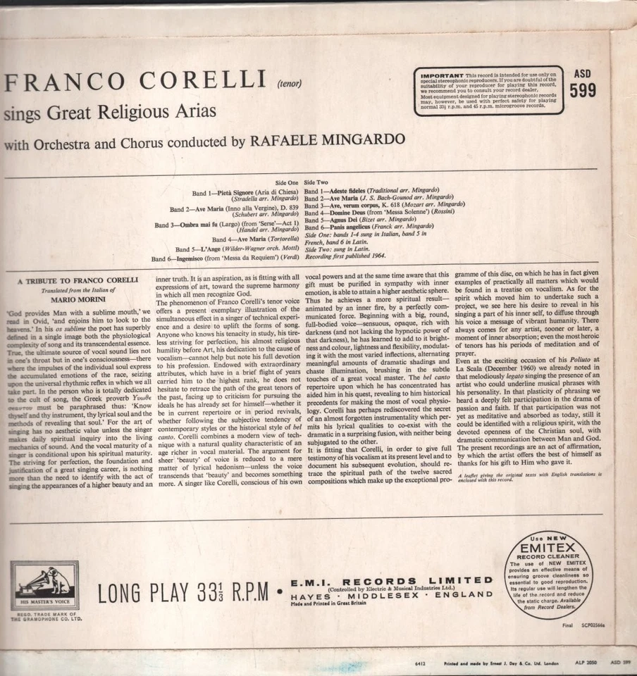 ASD599 Franco Corelli Franco Corelli Sings Great Religious Arias LP vinyl UK His - Image 2 of 4