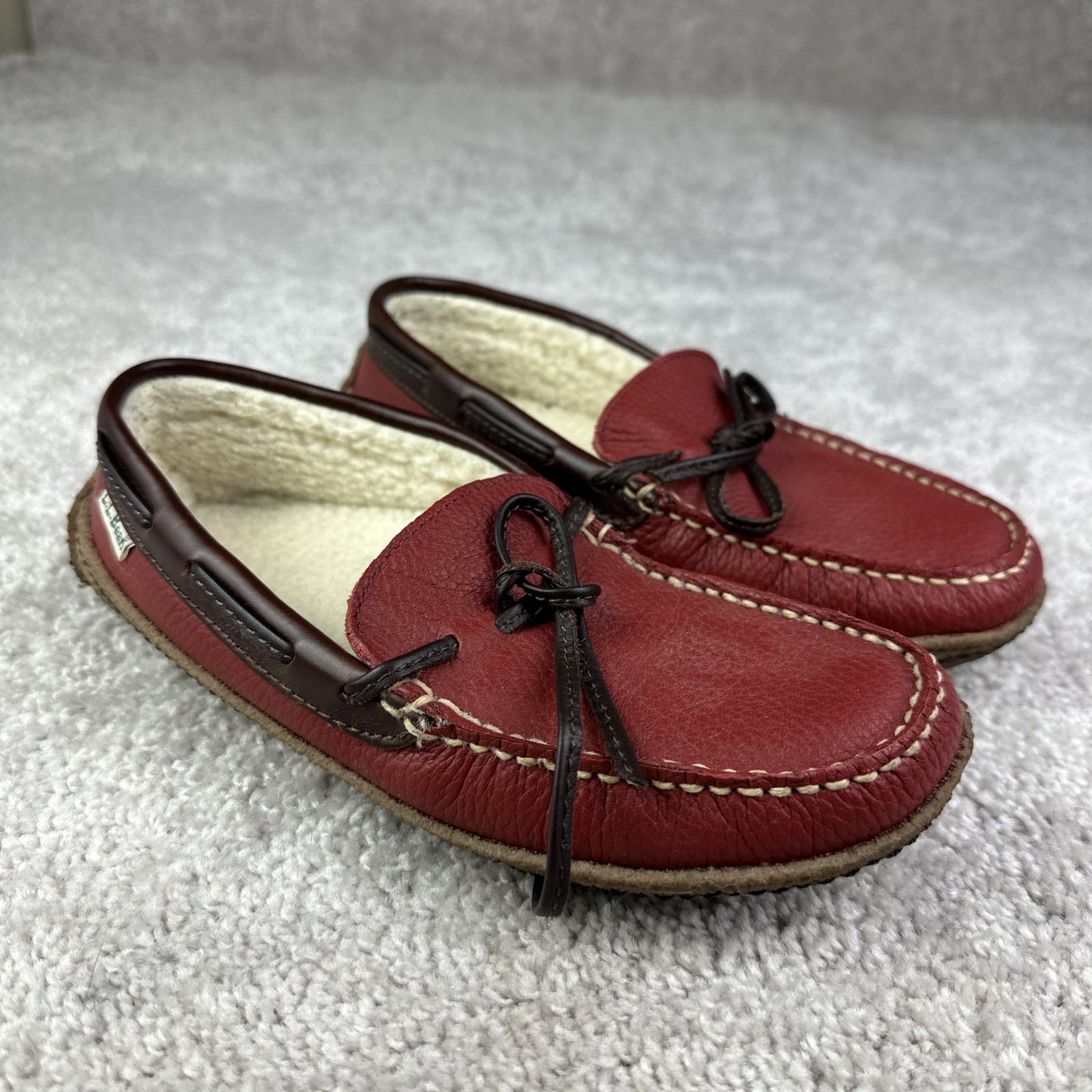 LL Bean Slippers Moccasins Red Leather Sherpa Lined Driving Shoe Womens 6 M