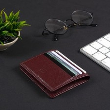 Burgundy -Ultra-Slim Leather Card Holder Wallet - Minimalist  Essential Cards