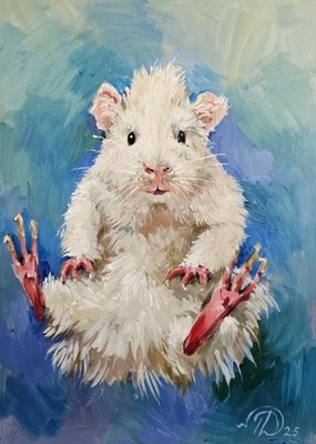 Original Painting White Rat Mouse Pet Portrait Cute Animal Wall Art 10x14 in