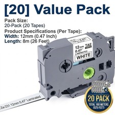 20 x TZc-231 12mm 8m P-Touch Signature Tape Practical Replacement For Klebeband