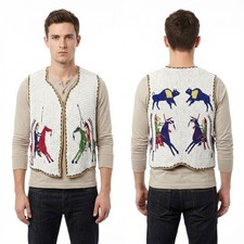 Vintage Beaded Powwow Vest Mens Cream Western Horse Rider Motif Front & Back