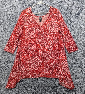 Clara Sun Woo Floral Tunic Top Size LG Lightweight Boho Stretch Colorful USA Red