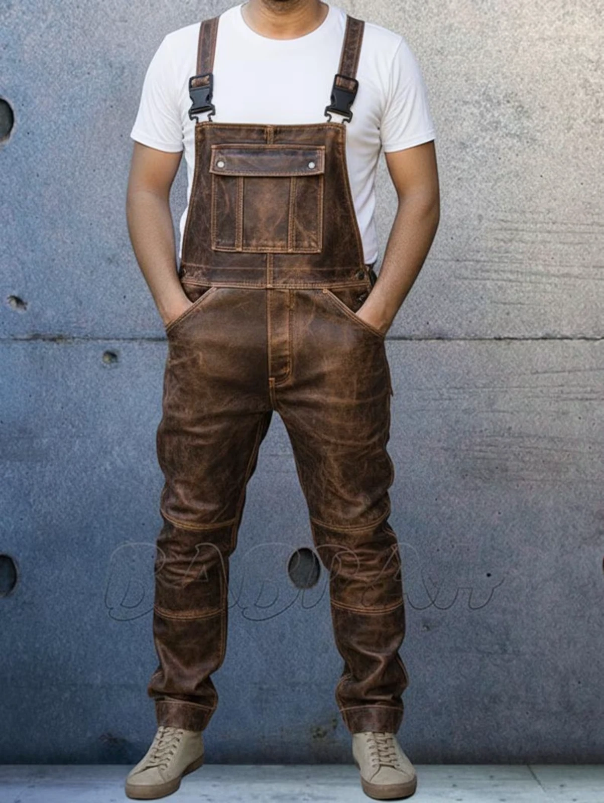 Distressed Brown Cowhide Leather Motorcycle Bib Overalls Dungarees Vintage Look