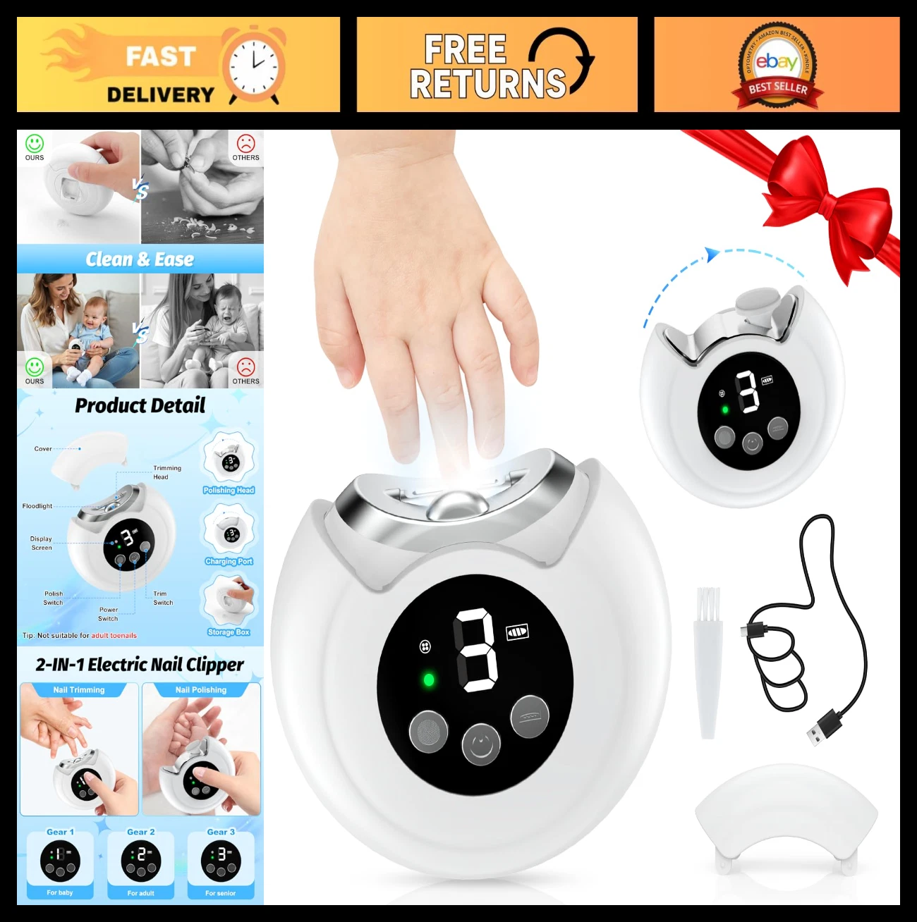 2-in-1 Electric Nail Clipper & Trimmer for Baby, Adult, Seniors - LED Light, 3 S
Opens in a new wind