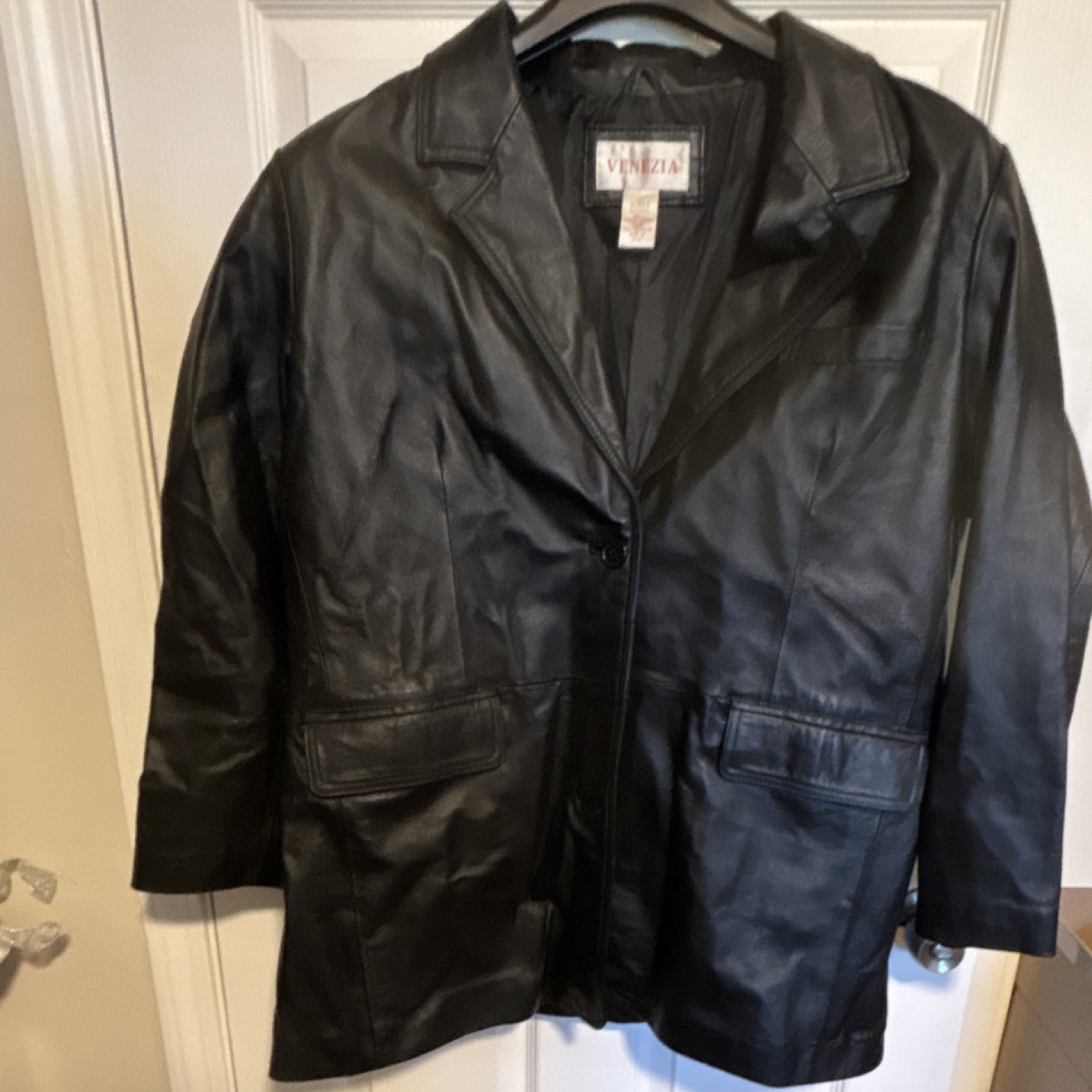 Venezia Black Genuine Leather Blazer Jacket Button Long Sleeve Plus Size 22W