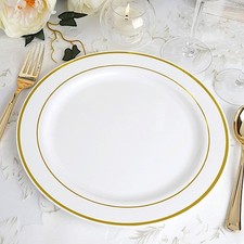 Plastic WHITE with Gold Rim 10.25" PLATES Disposable Party Wedding WHOLESALE