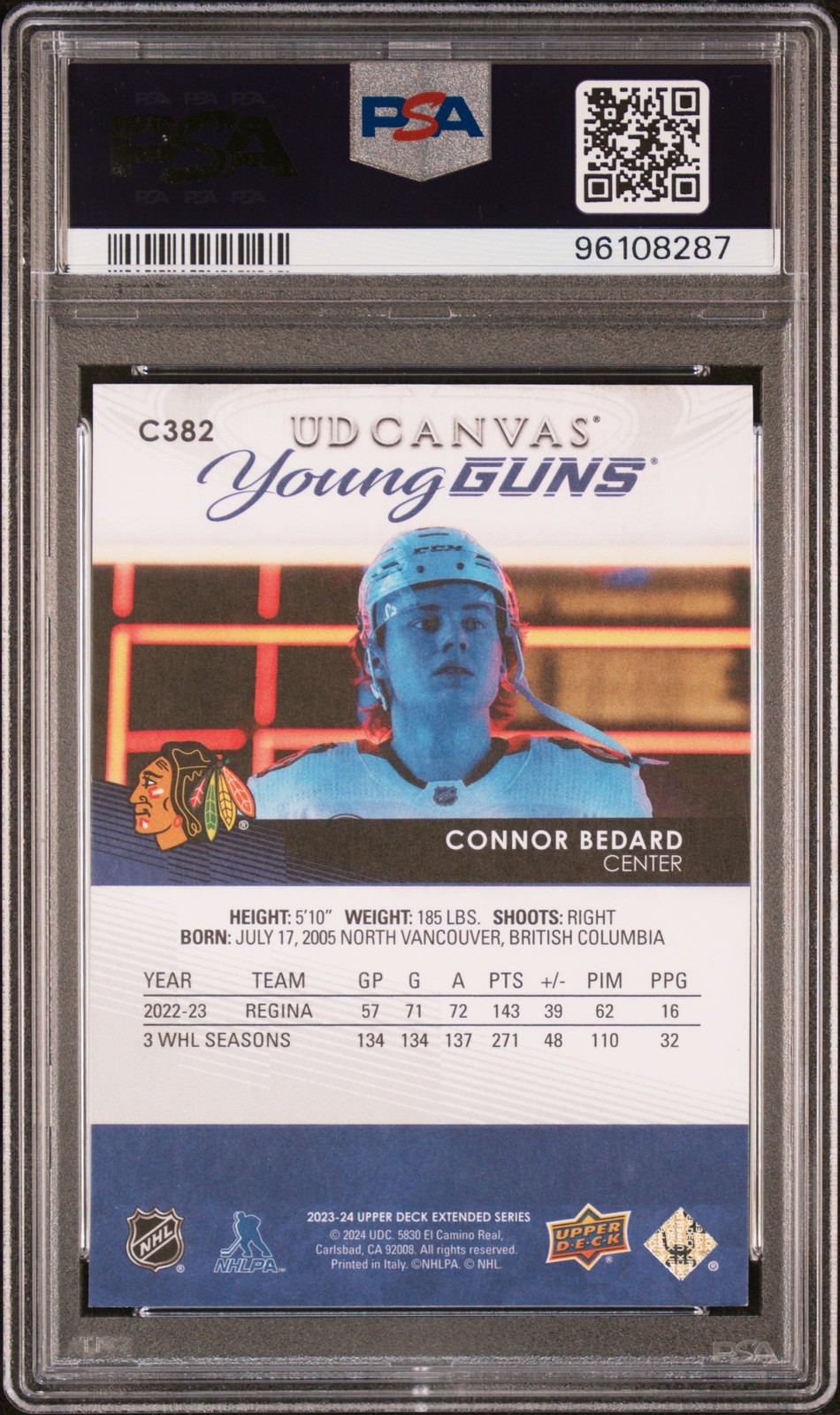 2023 UPPER DECK CANVAS #C382 CONNOR BEDARD ROOKIE RC PSA 9 view 2