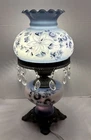 Vintage Milk Glass Hand Painted 3-Way Lamp Table Blue Floral Crystal Prisms
