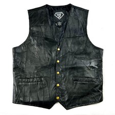 Vintage 80s Diamond Plate Black Leather Biker Motorcycle Button Up Vest L Size