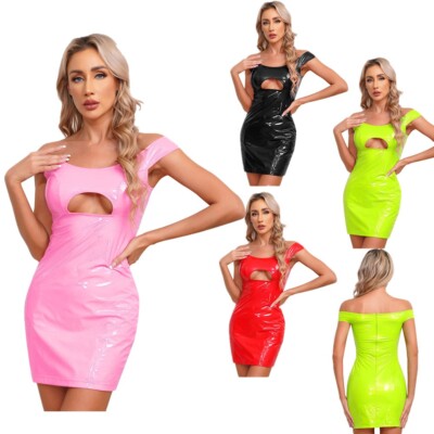 Women's Latex Mini Dress Leather Bodycon Sexy Off-Shoulder Club Dress Nightclub