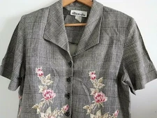 Vintage Allison-che Blouse Top 14 Houndtooth Floral Short Sleeve Button Front 