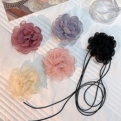 Fluffy Fabric Lace Flower Choker Necklace Women Long Lace-up Rope Chains Collar