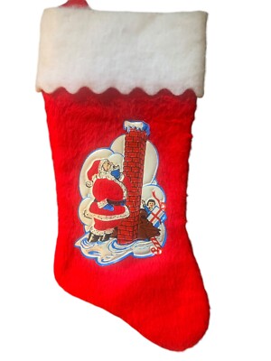Vintage 70s Santa Claus Christmas Stocking Felt Chimney Toys 3D plastic
