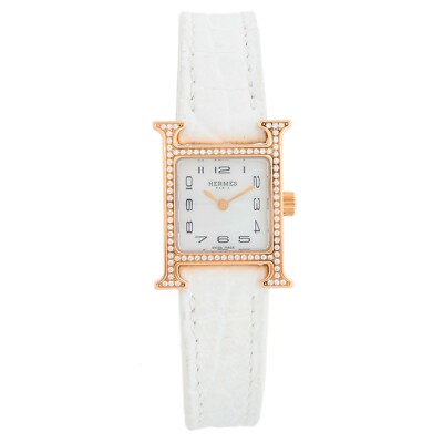 HERMES Heure H W053094WW00 Watch 18K Yellow Gold White Dial Leather Strap