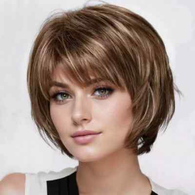 Short Haircut Ash Brown with Blonde Highlight Pixie Cut Wig with Bangs for Women