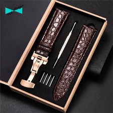 Cinturino orologio in pelle coccodrillo marrone 18 mm fibbia deployante oro rosa