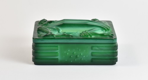 Art Deco Glass Lidded Jar Casket Jade Glass Curt Schlevogt Gablonz Bohemia - Picture 3 of 14