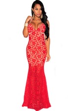 Red Lace Nude Illusion Crisscross Back Evening Dress Medium