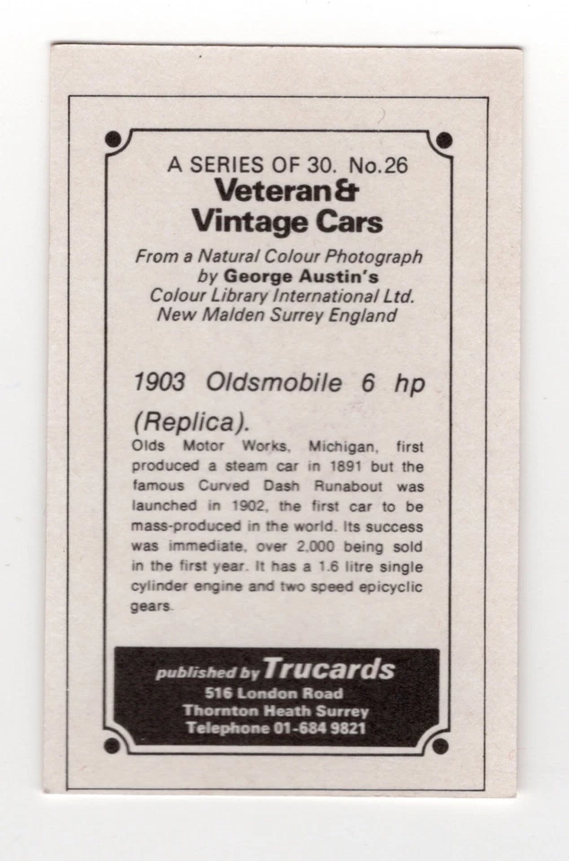 Veteran Cars Trade Card. 1903 Oldsmobile Replica - image 2 of 2