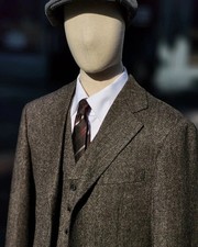 Men's Gray Wool Herringbone Tweed Check Vintage Tuxedo Wedding Prom 3 Piece Suit
