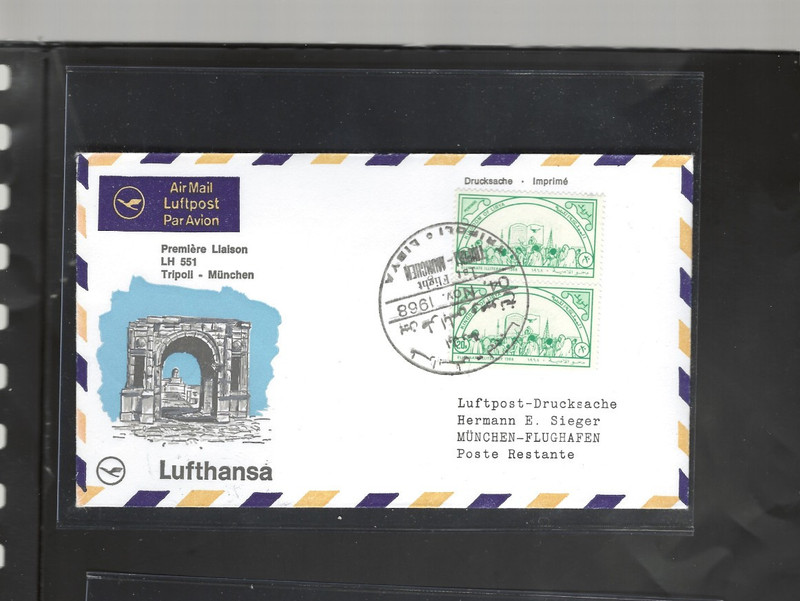 LIBYA-1968-FIRST FLIGHT-LUFTHANSA-AIR-CACHET-CANCELS!!-FRANKING!!-VF-#532