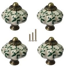 Ivory Green Ceramic Pumpkin Knobs Vintage Cabinet Drawer Pulls Set 4 Pcs L