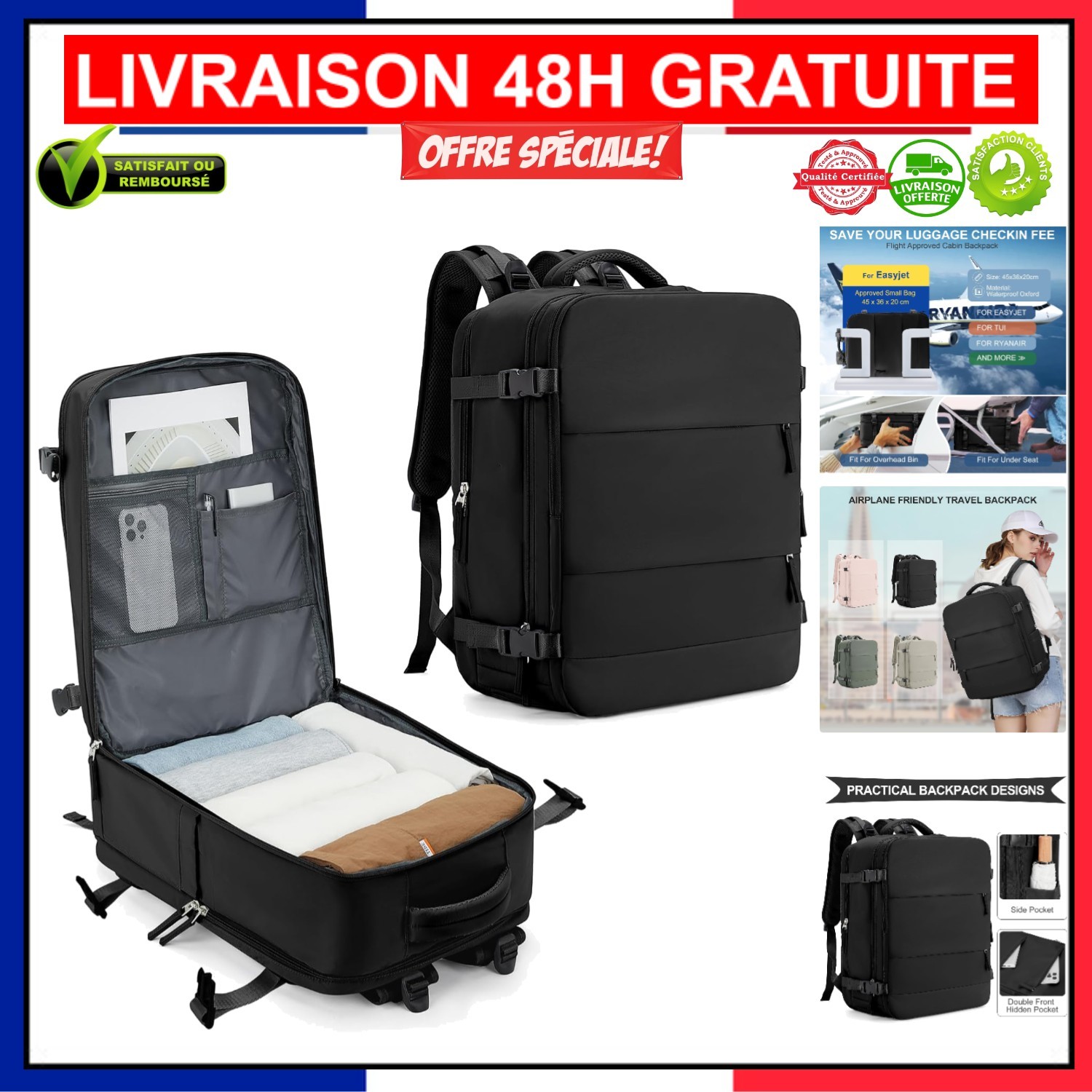 Sac à dos de voyage 45x36x20cm en nylon haute densité avec structure ergonomique
