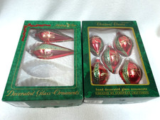 Lot of 7 Vintage Commodore Red & Green Blown Glass Tear Drop Christmas Ornaments