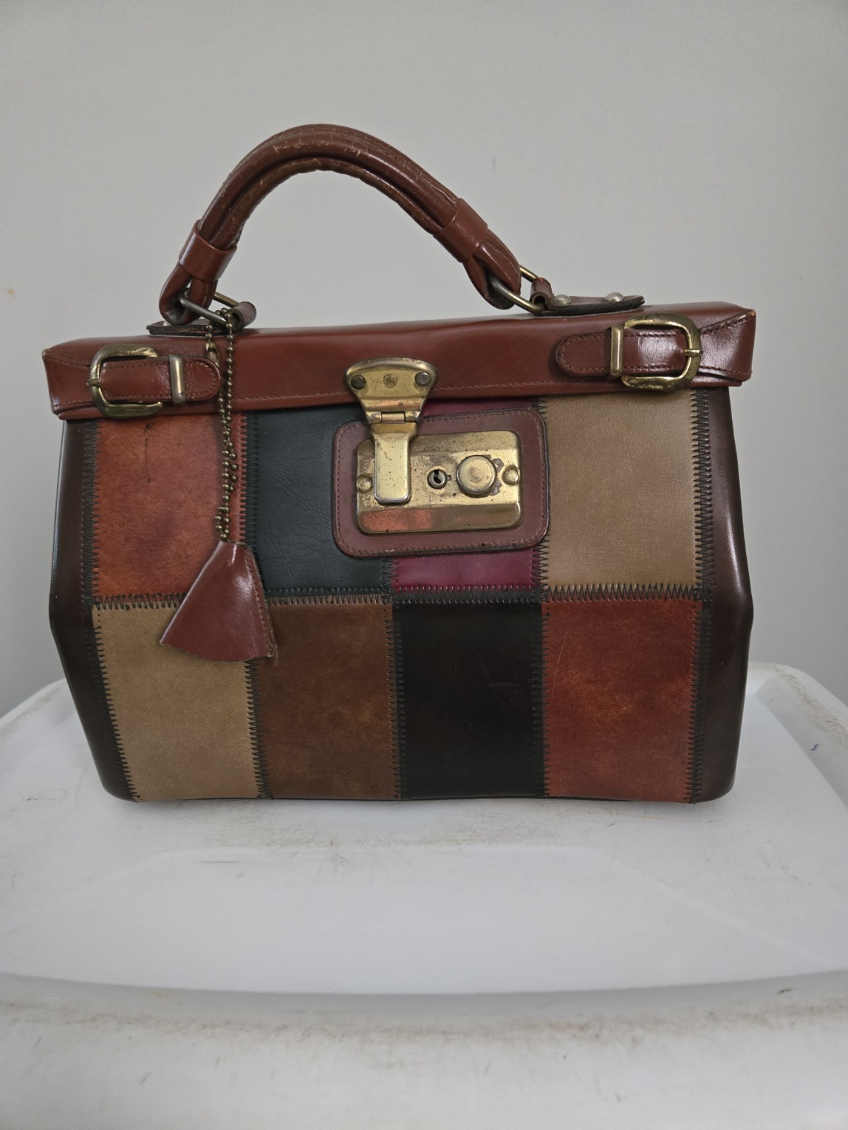 Vintage Leather Patchwork Handbag With Lock And K… - image 1