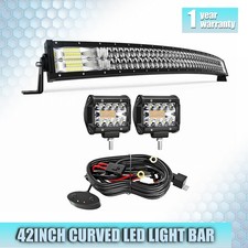 42" Curved 240W 5D LED Light Bar Spot Flood w/4" 60W LED Pods Wiring Harness Kit