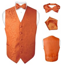 Men's Dress VEST Bow Tie BURNT ORANGE PAISLEY Design Suit Tux BowTie Hanky Set