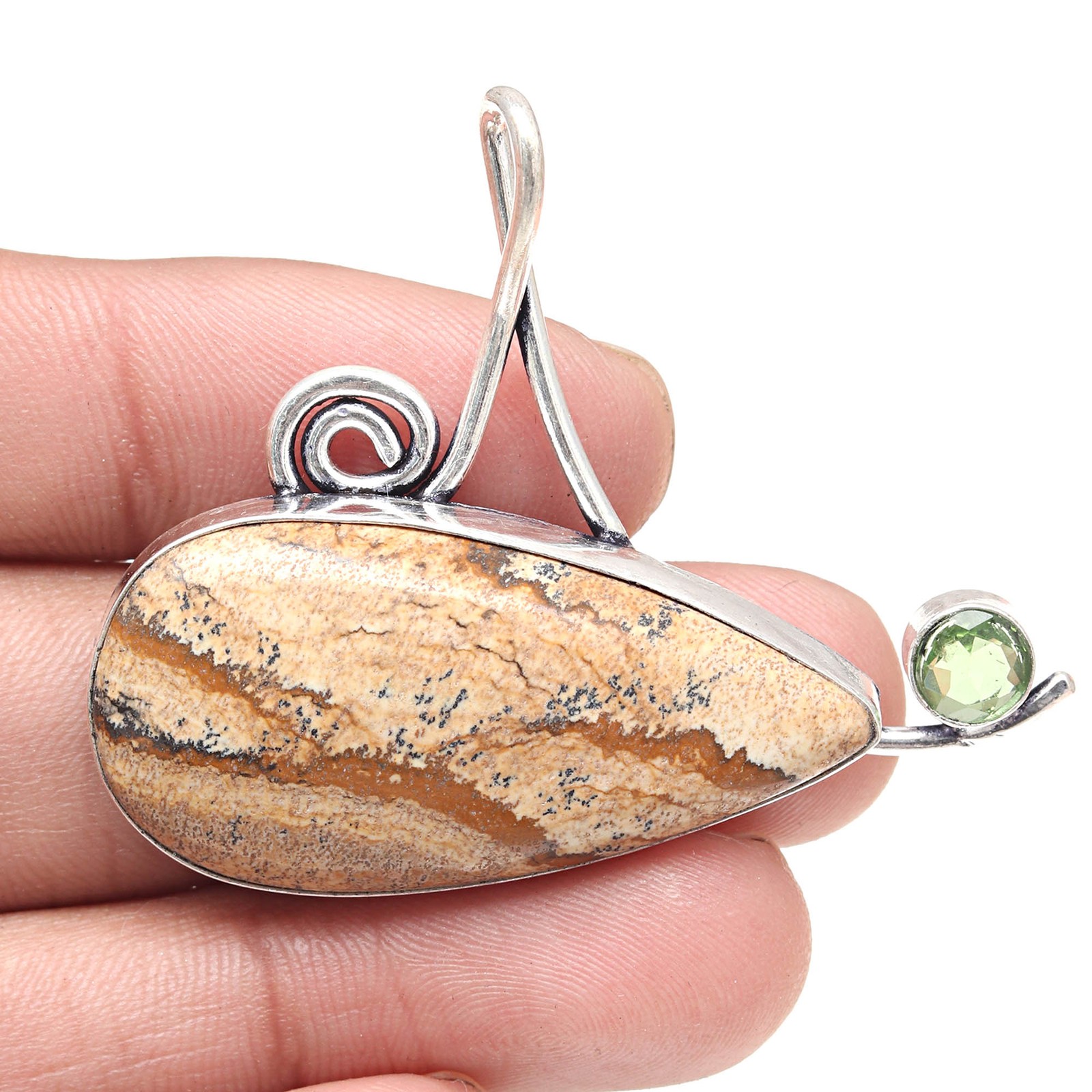 Valentines Day Silver Jewelry with Picture Jasper Gemstone Pendant 1.5 Inch